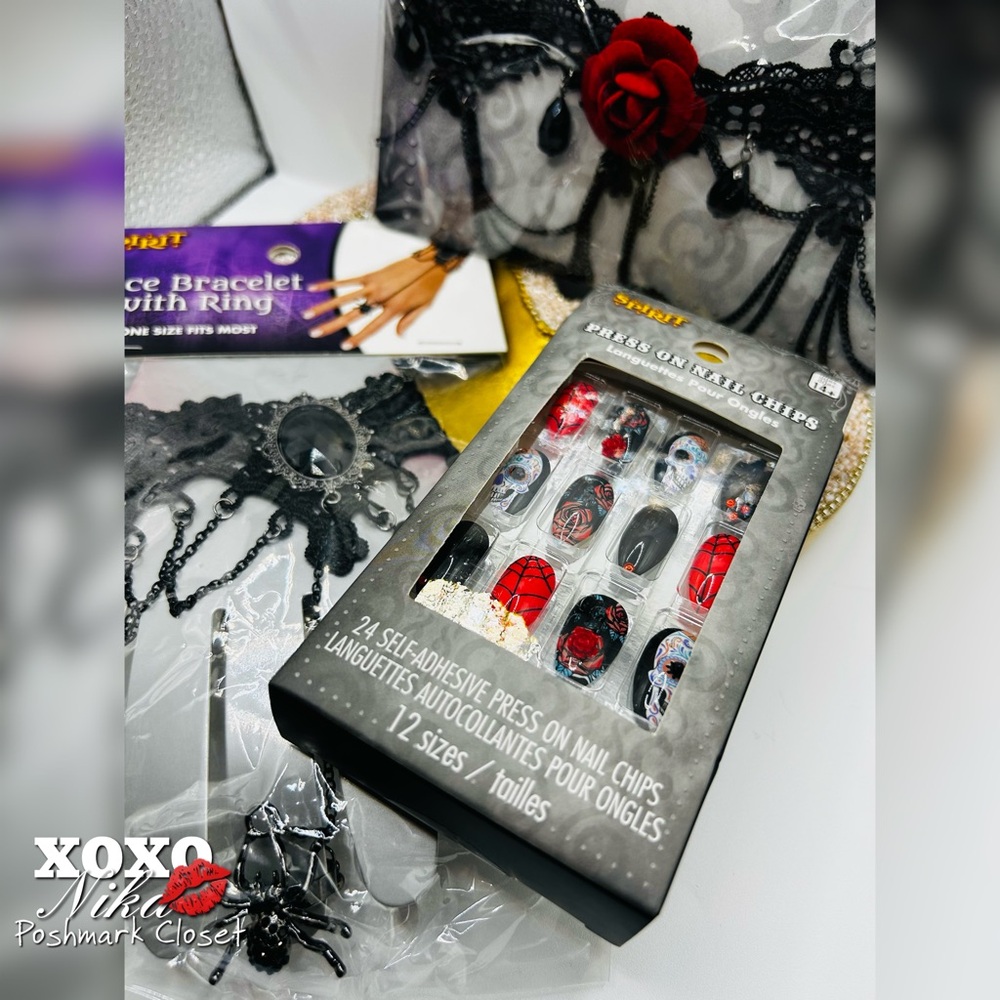 Bundle: Spirit Black Lace Bracelet, Rose Choker and Press On Nails Bundle 🕷️💅🏽🌹
